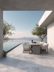 Poster - Modern minimalist outdoor dining area with minimal furniture. Featuring a clean, open design with sleek lines