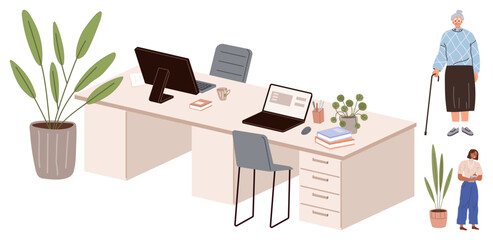Poster - Office desk setup with monitors, laptops, books, coffee cup, plants, and people interacting. Ideal for teamwork, co-working, remote work age diversity office culture ergonomic design simple flat