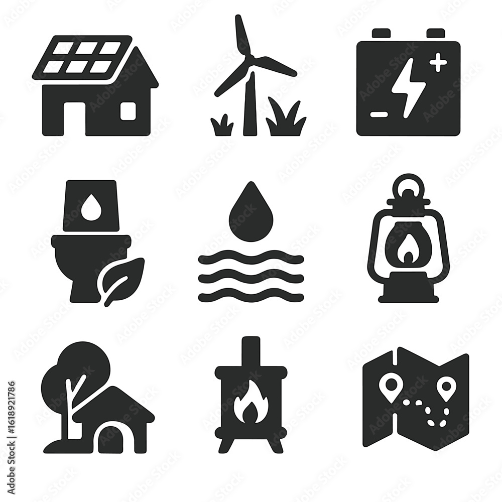 Off Grid System Vector Icon Off-Grid Eco-Lodge Icons. Solid, filled icons set of off-grid eco ...
