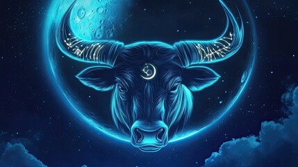 Mystical glowing bull with crescent moon on forehead and starry sky background in deep blue night tones