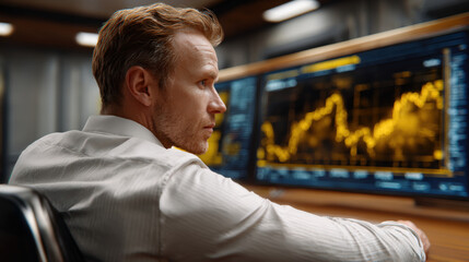 Poster - Focused professional analyzing financial data on multiple screens, showcasing stock market trends and graphs in modern office environment