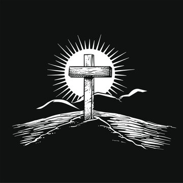 hand drawn cartoonish christian brand logo with christian cross and sunrise black and white