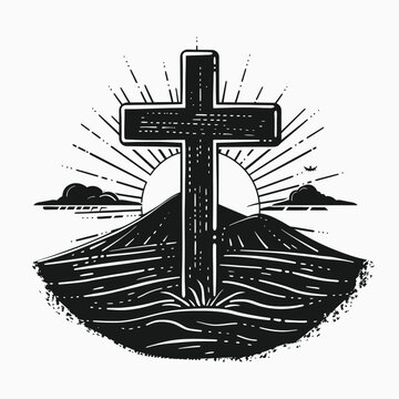 hand drawn cartoonish christian brand logo with christian cross and sunrise black and white