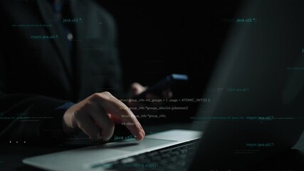 Poster - A focused programmer works on a laptop in a dark setting, surrounded by an abstract digital interface displaying code and data, reflecting modern technology. Xenic