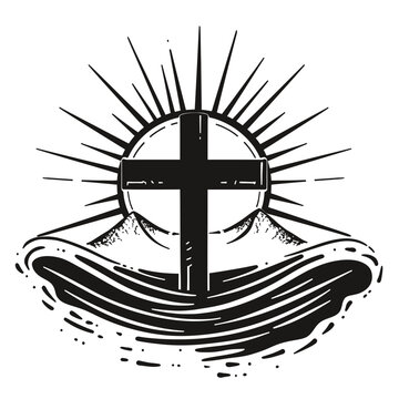 hand drawn cartoonish christian brand logo with christian cross and sunrise black and white
