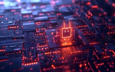 Poster - Intricate close-up of a glowing microchip on a circuit board, showcasing modern digital technology and innovation.