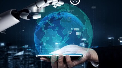 Poster - A futuristic scene showcasing the interaction between a human hand and a robotic arm, highlighting themes of technology, innovation, and digital transformation in a connected world. Xenic