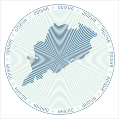 Poster - Odisha round logo design. State shape build of rings. Odisha text around the state. Vector Illustration.