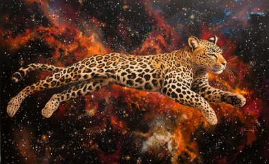 Wall Mural - stock image of a leopard wearing a space suit set against a space background