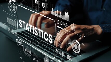 Poster - Hands typing on a laptop with overlaid statistics graphics and data visualization elements in a modern workspace setting. Asymptotic smart data analytic.