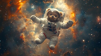 Wall Mural - a teddy bear clad in an astronaut suit is suspended against the stunning vista of saturn's rings and