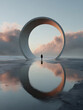 © karthikeya kamath - A surreal landscape featuring a lone figure before a massive circular structure on calm water.