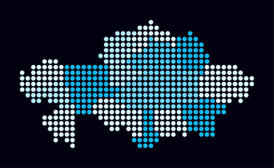 Poster - Kazakhstan dotted map. Digital style map of the country on dark background. Kazakhstan shape with circle dots. Colored dots style. Large size circles. Vibrant vector illustration.