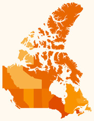 Poster - Map of Canada with provinces. Just a simple country border map with province division. Orange color palette. Blank Canada shape with administrative division. Vector illustration.