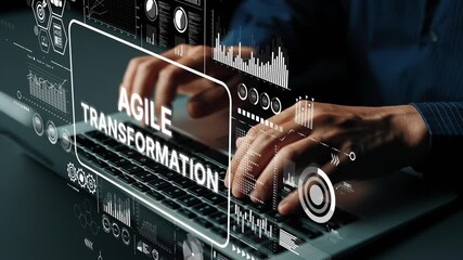Poster - Hands Typing on Laptop with Virtual Data Graphics Representing Agile Transformation and Digital Innovation Concepts. Asymptotic smart data analytic.