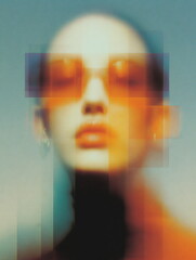 Poster - Digital glitch effect on a woman's face. Cyberpunk portrait with abstract data distortion. Virtual reality concept for technology.