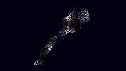 Poster - Morocco dotted animation. Shape of the country build of pulsating colored dots. Small size circle blocks. Digital style map on dark background. Classy video.