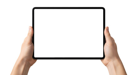 Hands holding a horizontal tablet with a blank white screen mockup. Isolated on transparent background, png