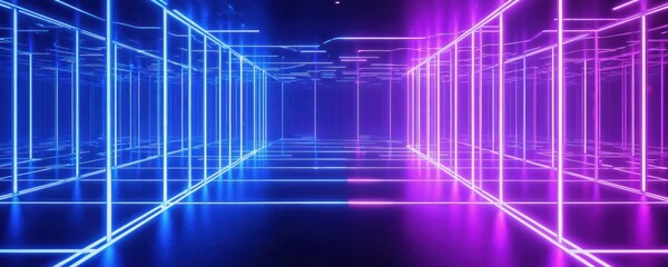 Poster - Abstract neon grid room glowing with blue and purple lights. Futuristic digital space illustration creates immersive perspective. Technology concept background for virtual reality or gaming.