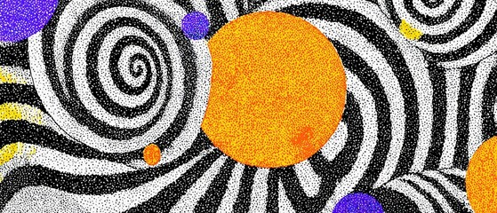 Poster - Abstract stippled background with orange circles and black and white spiral pattern Concept of modern art, optical illusion, and psychedelic design