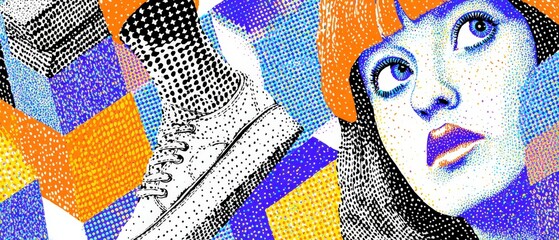 Poster - Surreal Pop Art Portrait of Young Woman with Sneaker, Colorful Geometric Background, and Dotted Texture Concept of Fashion, Style, and Individuality