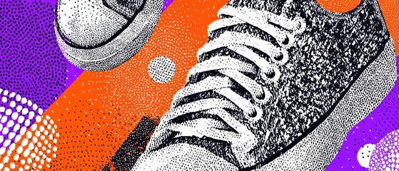 Poster - Abstract sneaker and ball illustration with vibrant orange and purple background Concept of sport, fashion, and artistic design