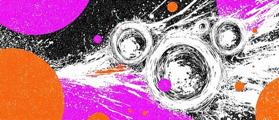 Poster - Vibrant abstract painting with circles, splatters, and bold colors in a dynamic composition Modern art concept with pink, orange, black and white elements
