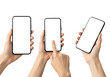 © Pixel_Glow - Set of female hands holding and touching smartphones with blank white screens. Isolated on transparent background, png