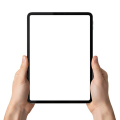 Man's hands holding a vertical tablet with a blank white screen for mockup. Isolated on transparent background, png
