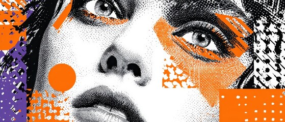 Poster - Artistic halftone portrait of a young woman with vibrant orange and purple abstract geometric shapes, creating a modern and edgy pop art design
