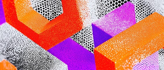 Poster - Abstract geometric shapes with vibrant orange, purple, and red colors against a dotted white and black background, creating a modern and eyecatching design