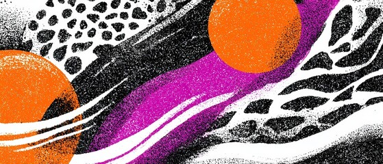 Poster - Vibrant abstract painting with orange circles, purple waves, and black and white organic shapes in a modern art style
