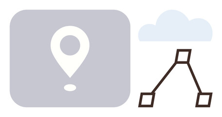 Poster - Location pin in square frame, cloud, and connected nodes forming a network. Ideal for navigation, technology, cloud computing, data analysis, communication networks productivity. Simple flat