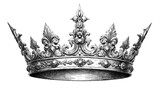 Detailed sketch of royal crown in vintage engraving style. Ornate black, white illustration features intricate decorative elements monarchy, power, nobility. Elegant, regal design with timeless