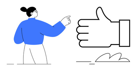 Poster - Person pointing at a large thumbs-up sign, emphasizing agreement, approval, teamwork, collaboration, success, social validation, and positive feedback. Ideal for motivation content feedback systems