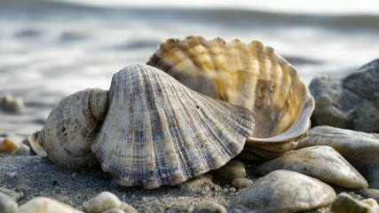 Wall Mural - a detailed view of a shell on sandy beach, perfect for travel or coastal-themed designs