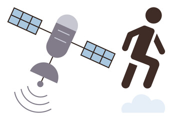 Poster - Satellite emitting waves near a human figure stepping on a cloud. Ideal for connectivity, communication, technology, artificial intelligence, data exchange, innovation, digital transformation. Simple
