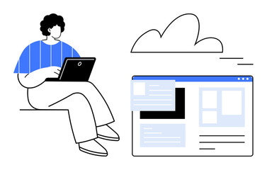 Poster - Individual with a laptop working near a cloud and web interface, symbolizing remote work, digital collaboration, cloud computing, web design, technology, innovation, simple flat metaphor