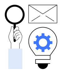 Poster - Hand holding magnifying glass beside envelope and lightbulb with gear inside, representing exploration, creativity, communication, problem-solving, idea sharing, innovation, and teamwork. Ideal