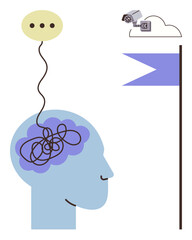 Poster - Human profile with tangled lines in the brain, thought bubble, surveillance camera, flag. Ideal for mental health, focus, decision-making, logic problem-solving surveillance achievement. Simple