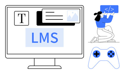 Poster - LMS displayed on a monitor, woman engaging in coding, controller representing gamified learning experiences. Ideal for education, e-learning, tech concepts, skill development, online courses, coding