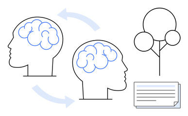 Poster - Two heads with brain outlines linked by arrows, a tree-thumbs up abstract idea symbol, and a document indicating knowledge sharing. Ideal for creativity, teamwork, brainstorming, learning