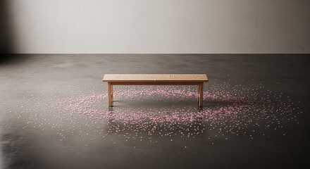Poster - Wooden bench on floor with pink petals scattered around