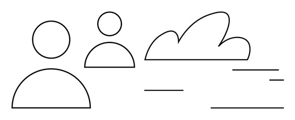 Poster - Outline of two individuals with curved cloud and minimal lines. Ideal for teamwork, community, networking, technology, online communication, environment, simple landing page