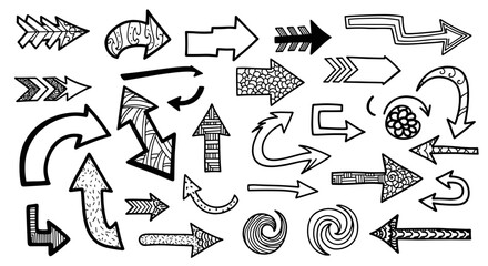 Poster - Collection of hand drawn doodle arrows in various styles and orientations on a white background design element