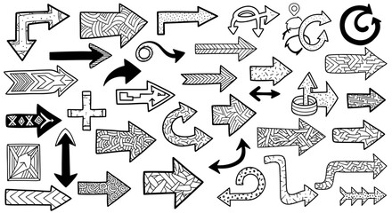 Poster - Collection of hand drawn arrows in various styles and orientations on a white background showing direction 100