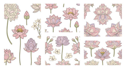 Poster - Illustration of various lotus flowers in different stages of bloom with stems and buds scattered around