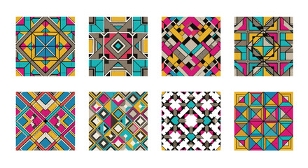 Poster - Collection of eight colorful geometric patterns with triangles and diamonds arranged in a grid format