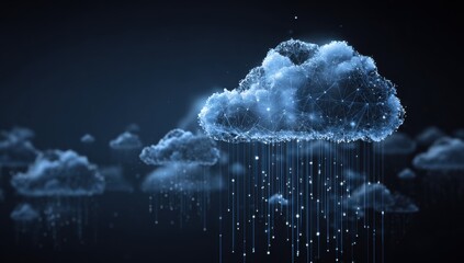 Poster - A glowing cloud symbolizing the data center is connected to other clouds on a dark blue background with digital connections and code elements Generative AI