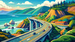 © ehsanollah - Highway 1 running along Pacific coast in California winds above cliffs where waves crash below. Semi-realistic vector style captures ocean mist, curving roads, and golden light on rugged shores.